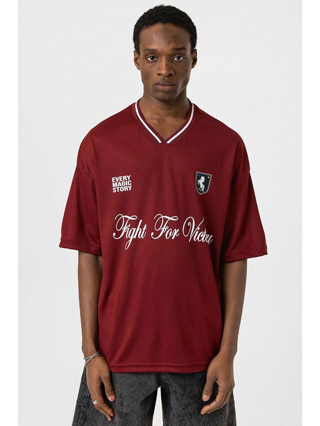 Baskılı Oversize Forma Tişört Bordo-2