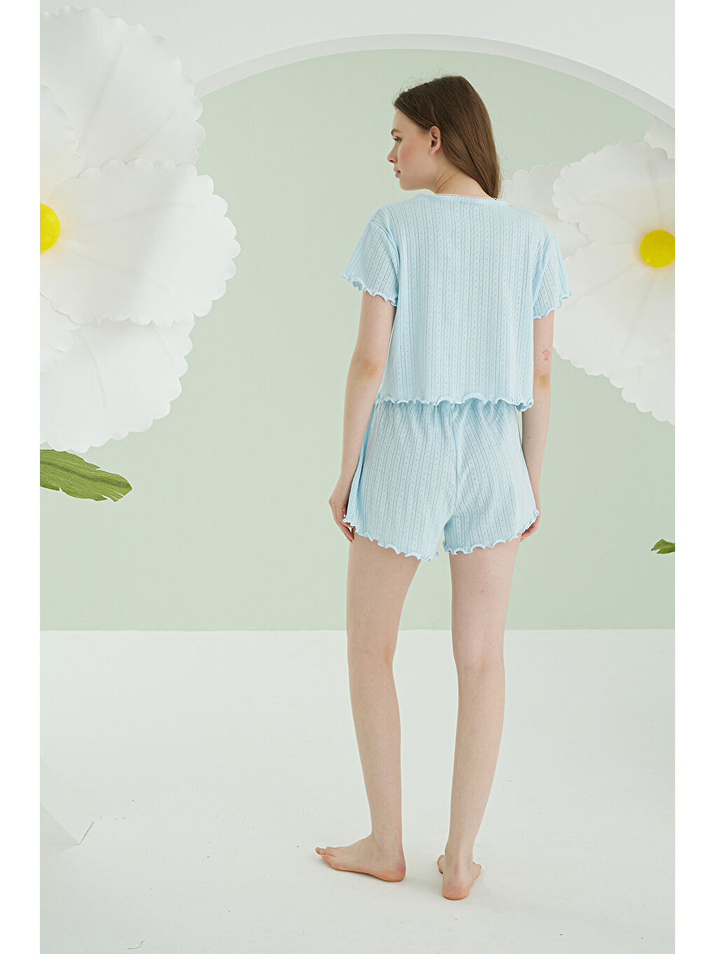 Mavi Ribbon Şortlu Pijama Takımı-3