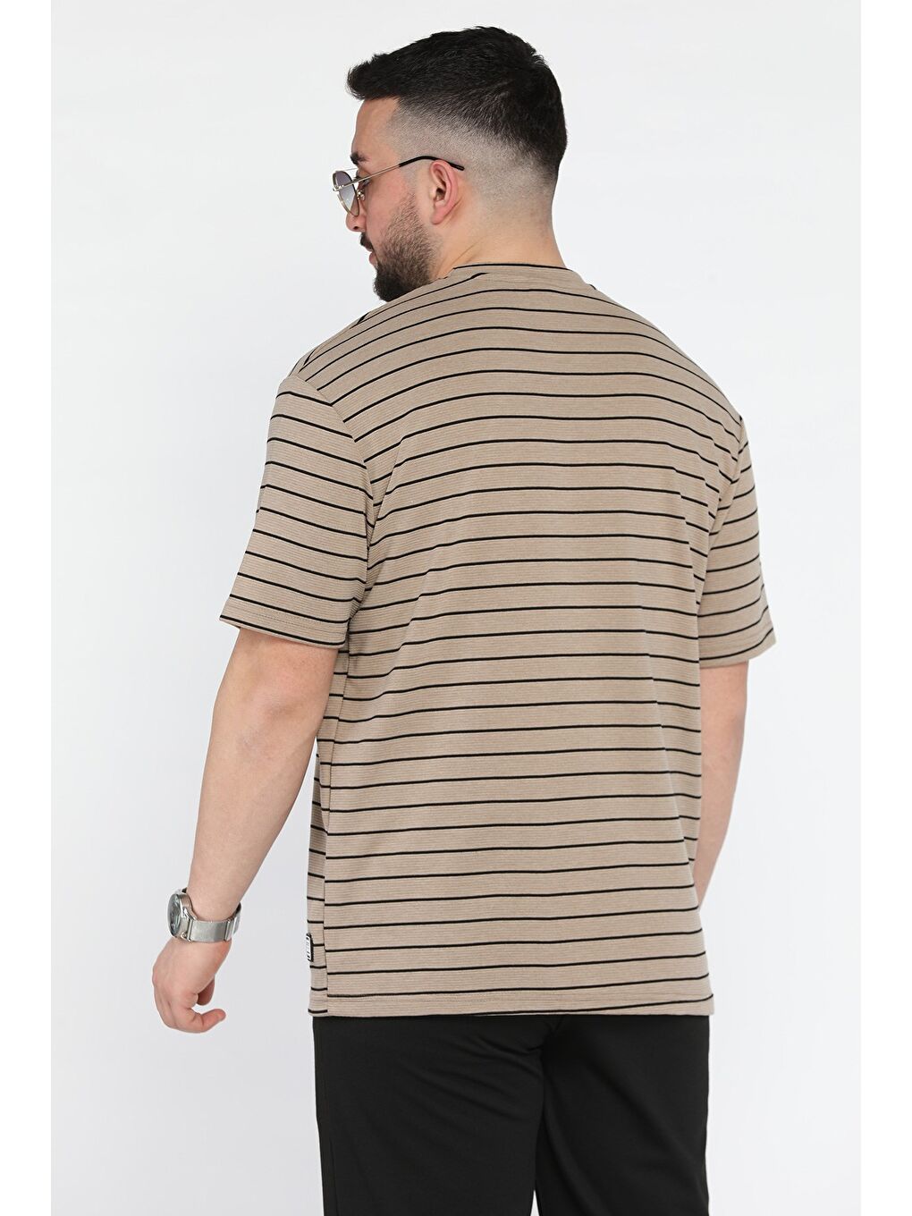 Bej Erkek Çizgi Desenli Bisiklet Yaka Elastanlı Tişört-2