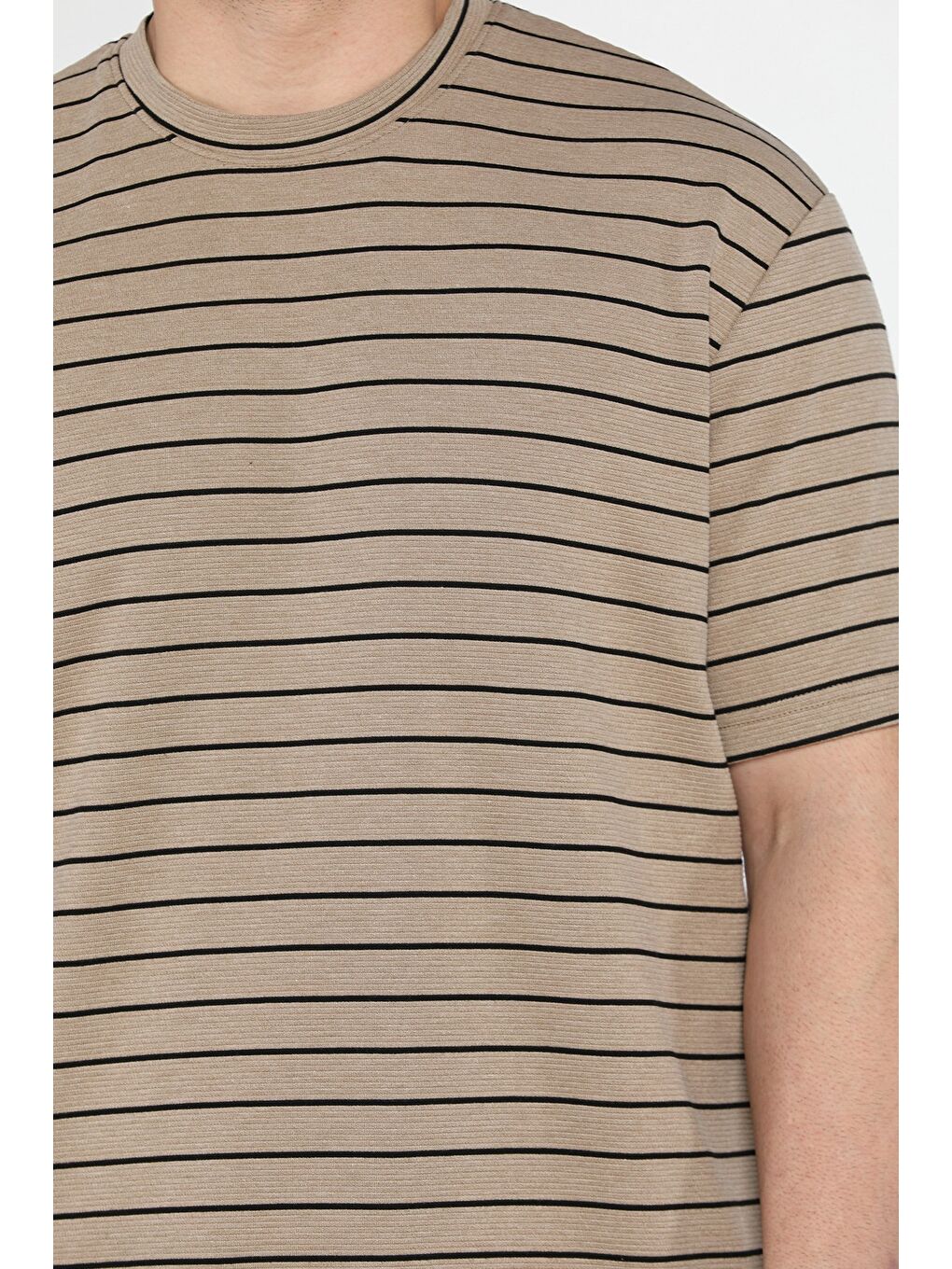Bej Erkek Çizgi Desenli Bisiklet Yaka Elastanlı Tişört-3