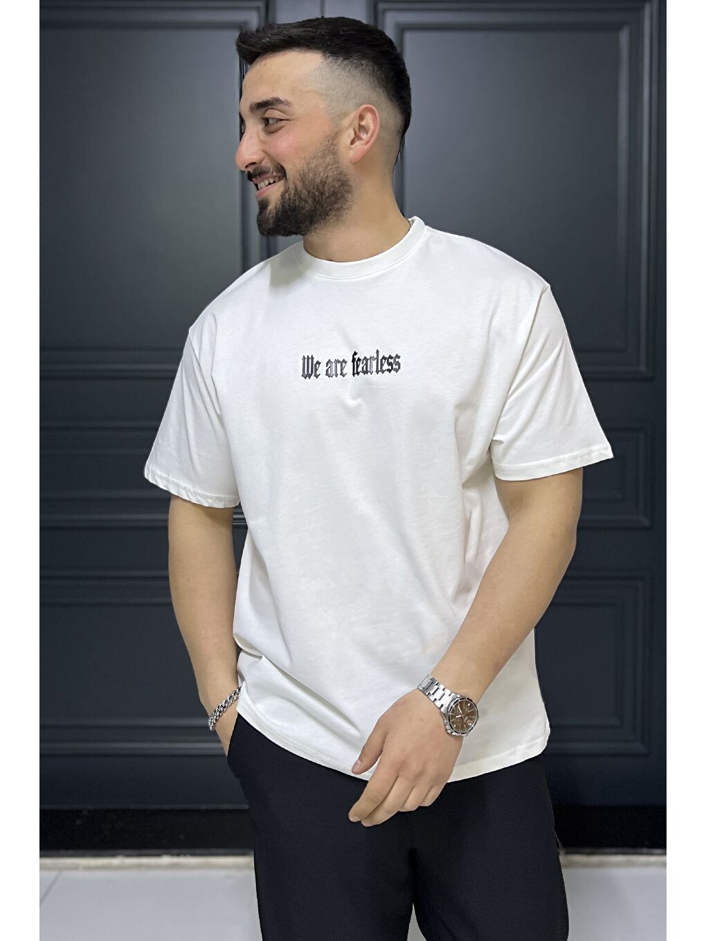 Ekru Erkek Silikon Yazı Baskılı Bisiklet Yaka Tişört