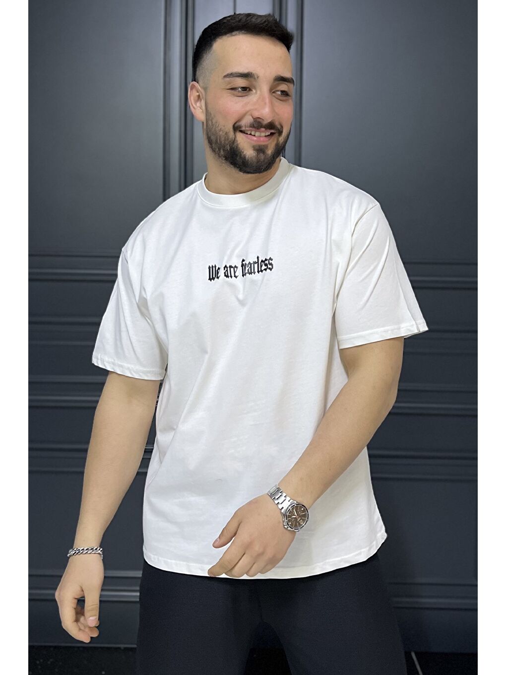 Ekru Erkek Silikon Yazı Baskılı Bisiklet Yaka Tişört-1