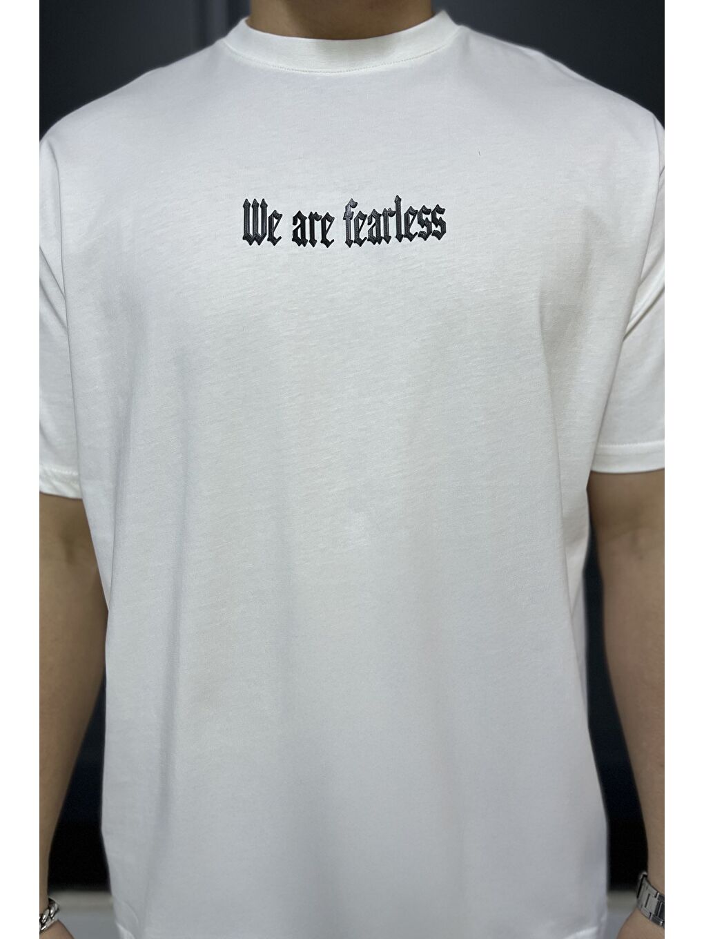 Ekru Erkek Silikon Yazı Baskılı Bisiklet Yaka Tişört-2