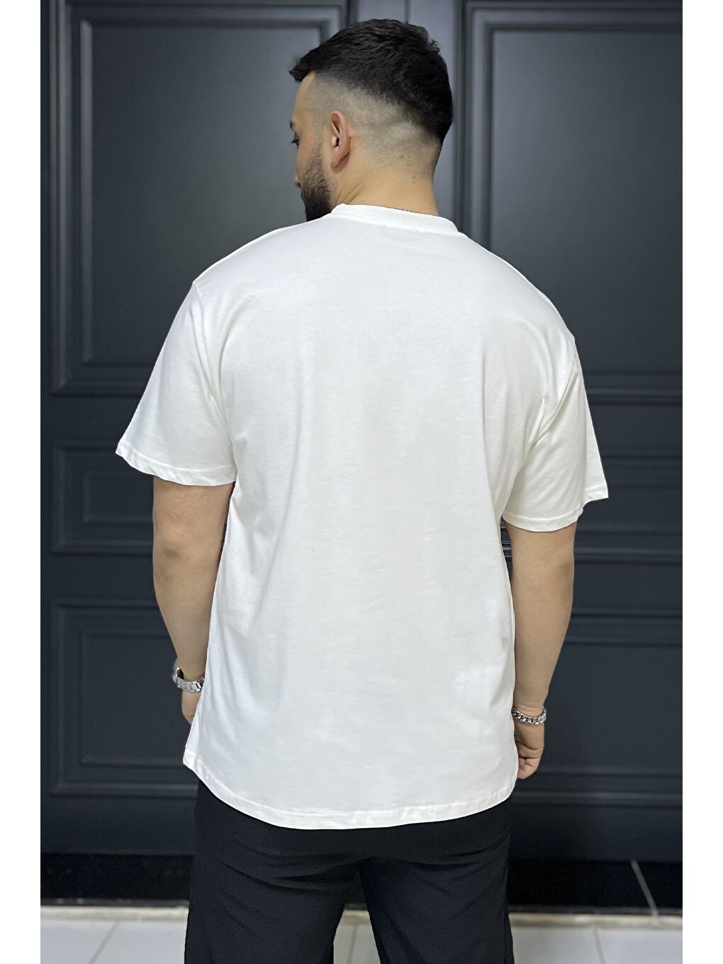 Ekru Erkek Silikon Yazı Baskılı Bisiklet Yaka Tişört-3