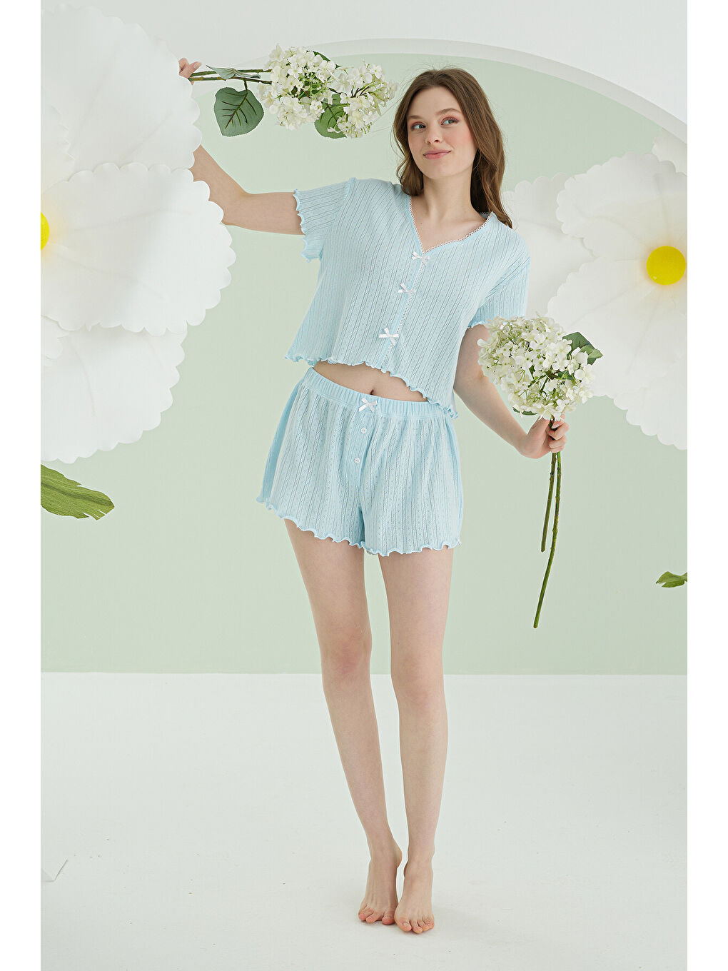 Mavi Ribbon Şortlu Pijama Takımı-4