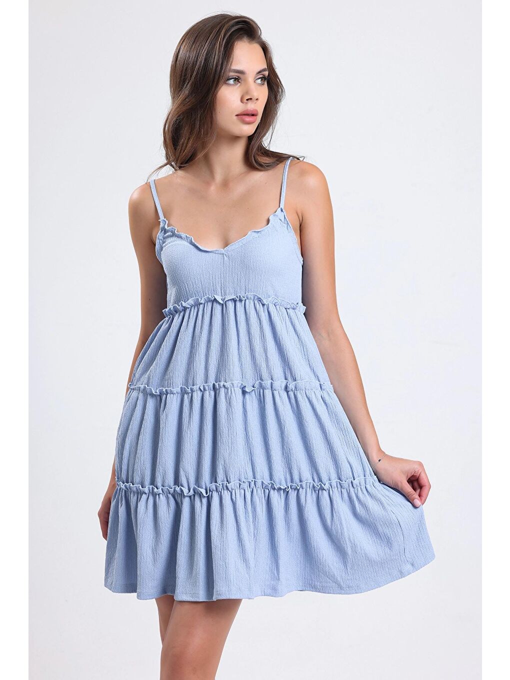 Mavi Ayarlanabilir Askılı Fırfır Detaylı Kat Kat Mini Esnek Elbise 66505644