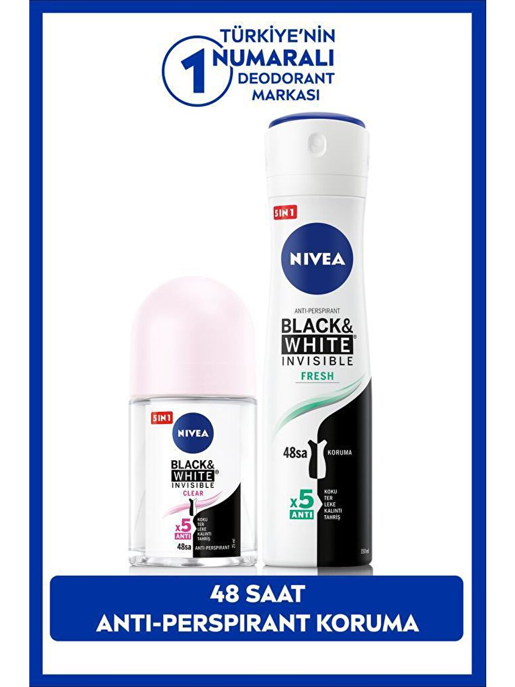 NIVEA Şeffaf Kadın Sprey Deodorant Black&White Fresh 150ml ve Mini Roll-on Black&White 25ml, Koyu Leke Karşıtı