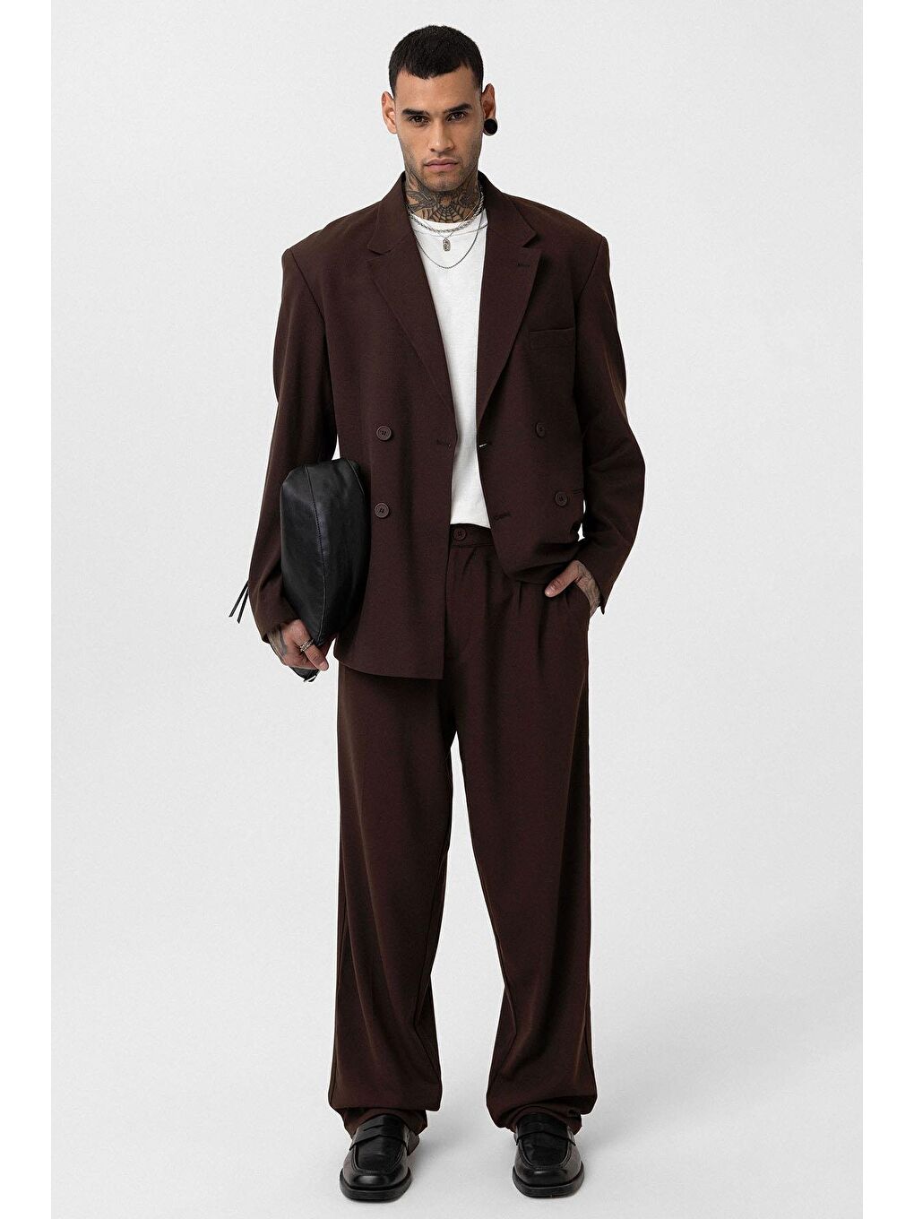 Kahverengi Rahat Kalıp Kruvaze Takım Elbise Kahve