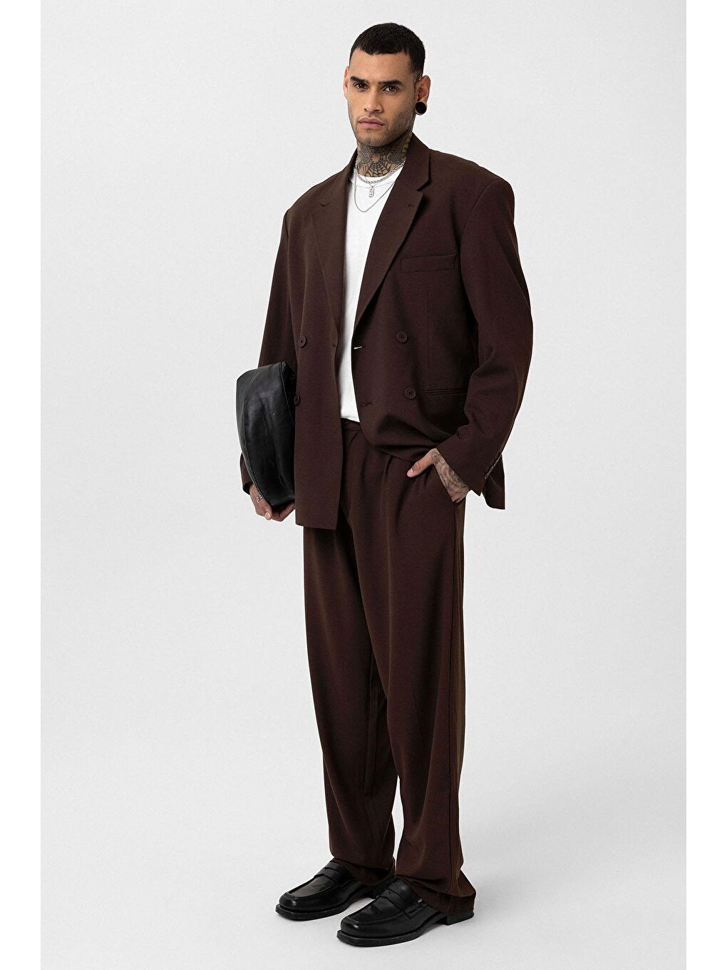 Kahverengi Rahat Kalıp Kruvaze Takım Elbise Kahve-1