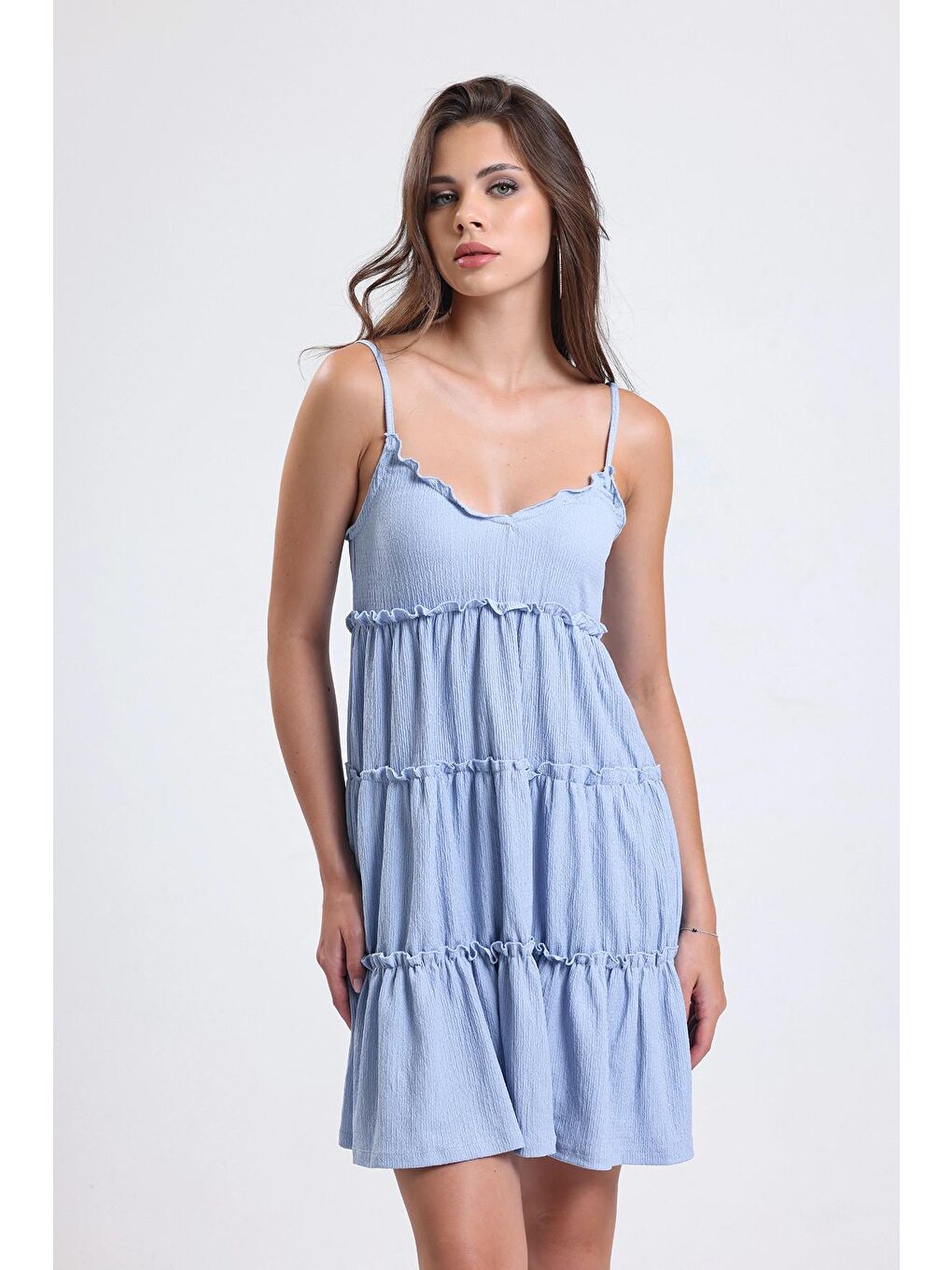 Mavi Ayarlanabilir Askılı Fırfır Detaylı Kat Kat Mini Esnek Elbise 66505644-2