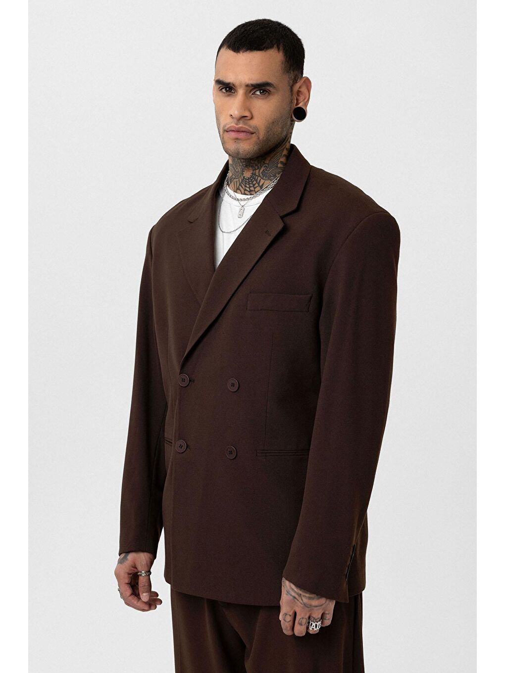 Kahverengi Rahat Kalıp Kruvaze Takım Elbise Kahve-11