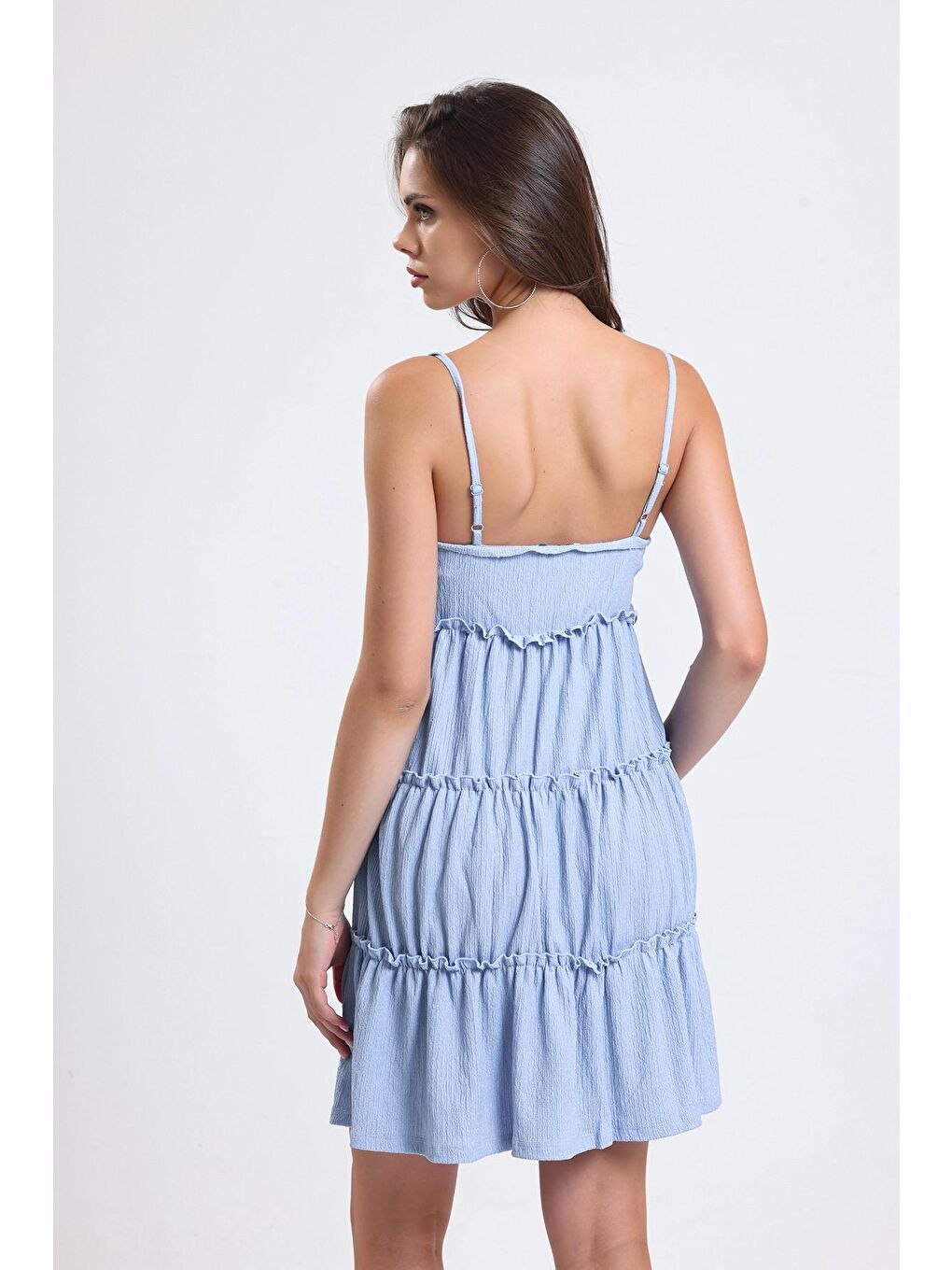 Mavi Ayarlanabilir Askılı Fırfır Detaylı Kat Kat Mini Esnek Elbise 66505644-3