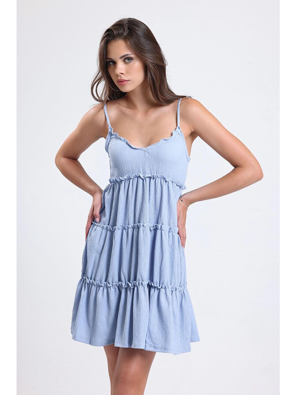 Mavi Ayarlanabilir Askılı Fırfır Detaylı Kat Kat Mini Esnek Elbise 66505644-4