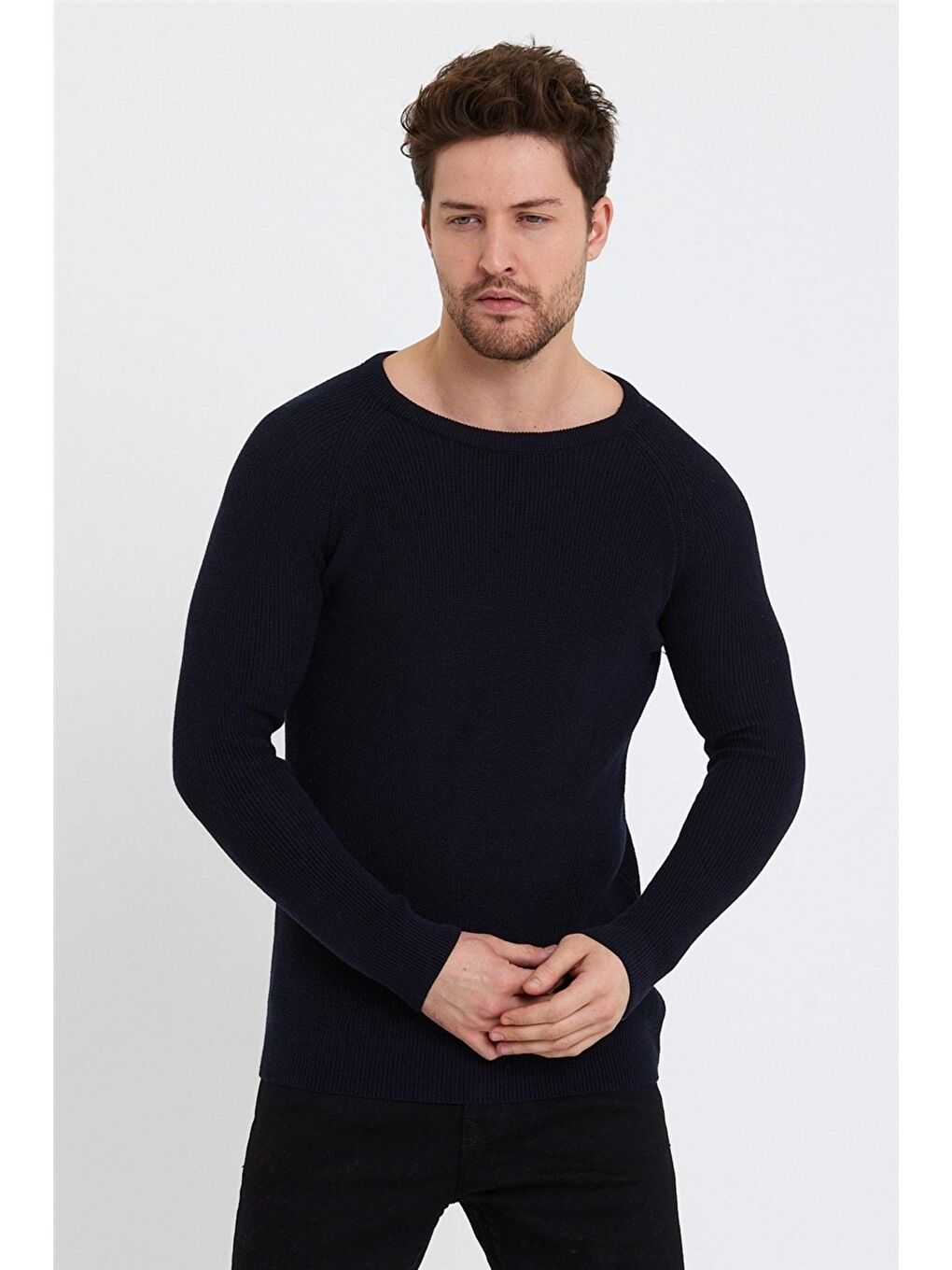 Lacivert Erkek Geniş Yaka Triko Kazak-1