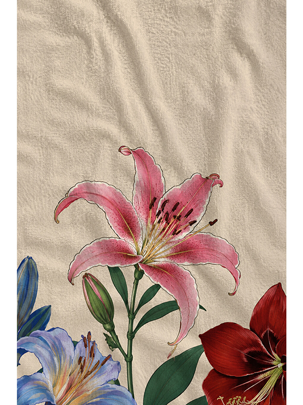 Pembe Modern Botanik Zambak Kelebek Desenli 70x150 Plaj Havlusu - Dijital Baskılı Solmaz Banyo Havlusu-2