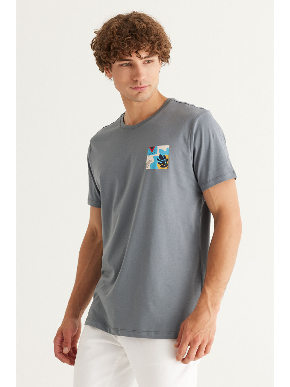 Erkek Taş Yeşili Slim Fit Dar Kesim %100 Pamuk Bisiklet Yaka Baskılı Tişört-2