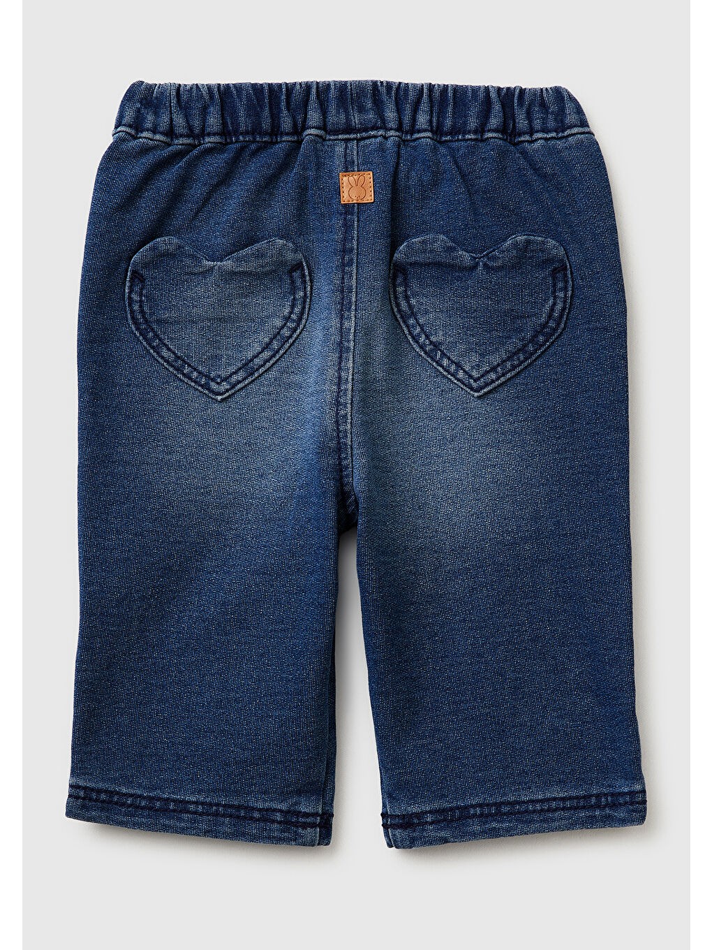 Bebek Lacivert Elastik Bel Bantlı Düğmeli Kalp Detaylı Denim Pantolon-1
