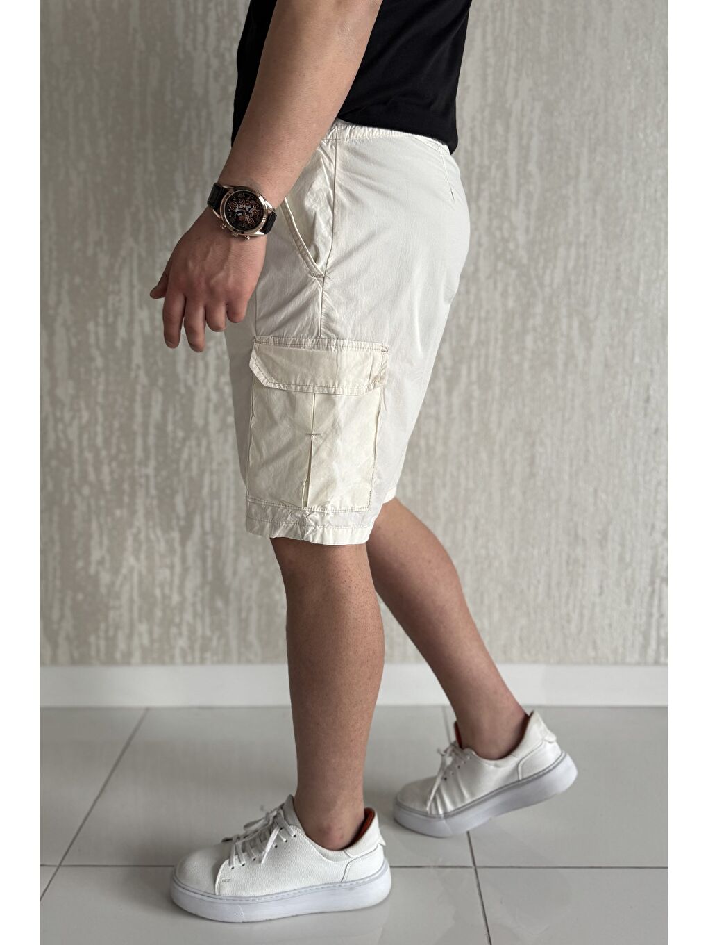 Ekru Kargo Cepli Bel Bağcıklı Erkek Şort-1