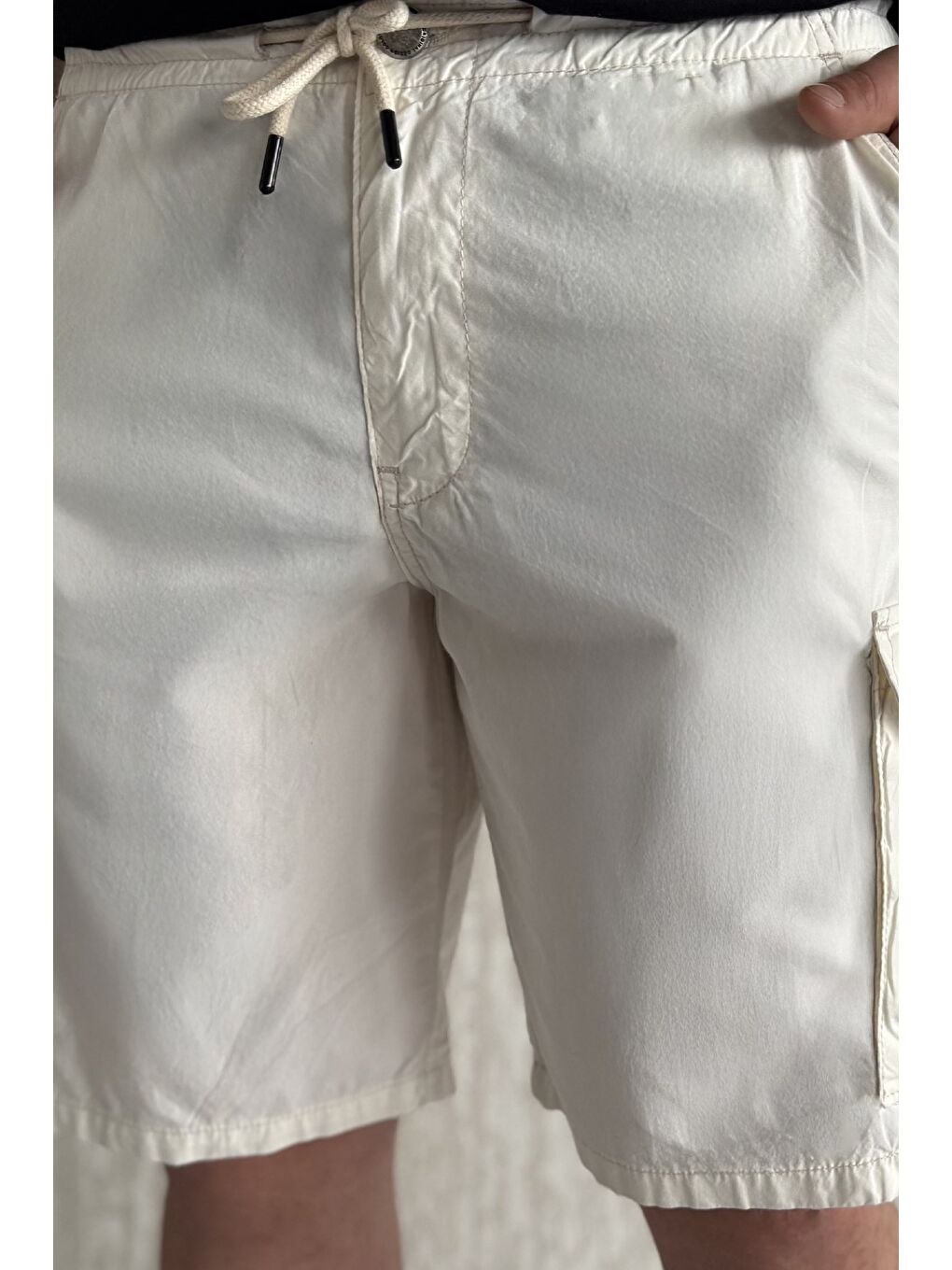 Ekru Kargo Cepli Bel Bağcıklı Erkek Şort-3