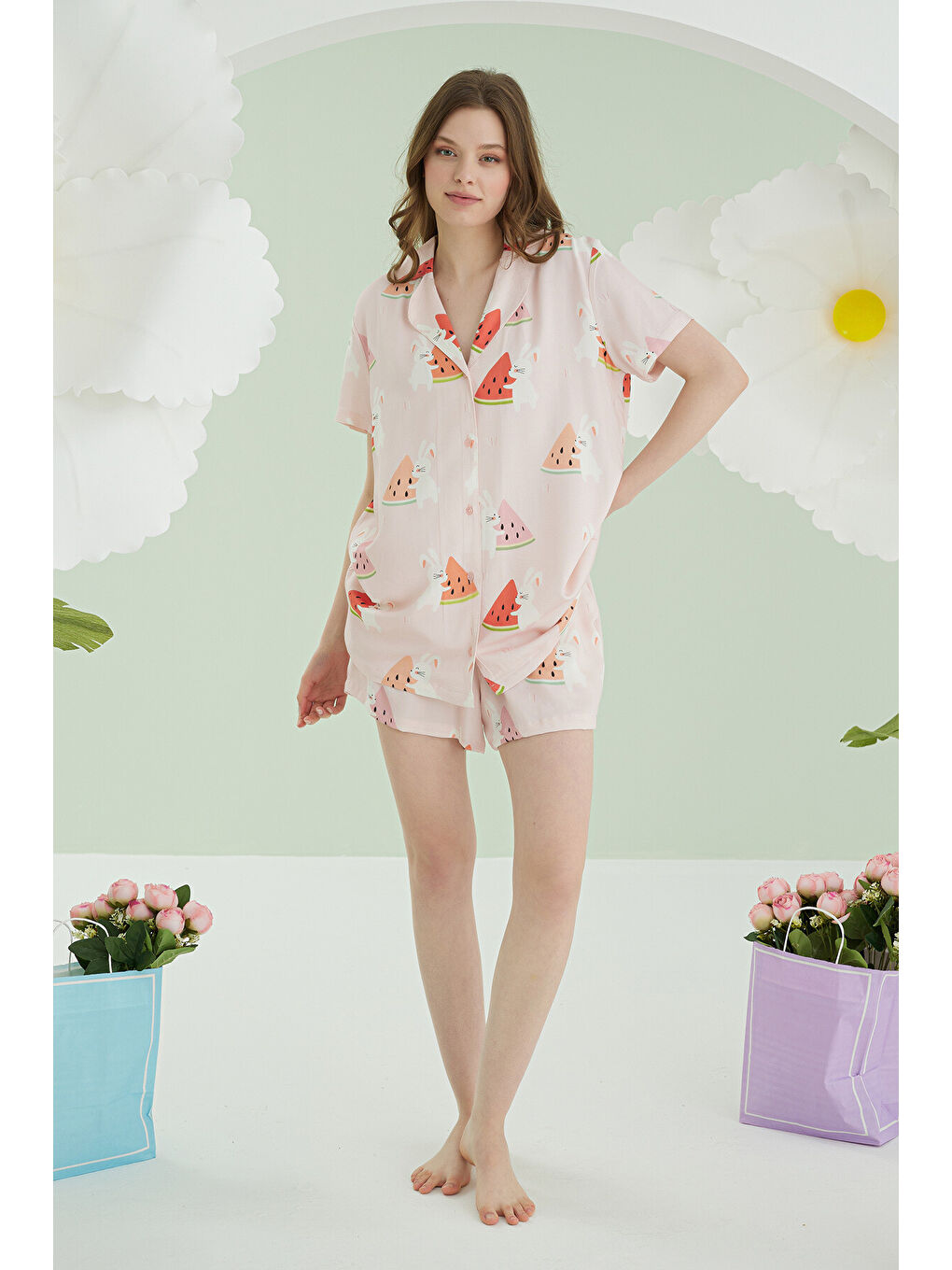 Pembe  Karpuz Önden Düğmeli Şortlu Pijama Takımı-1