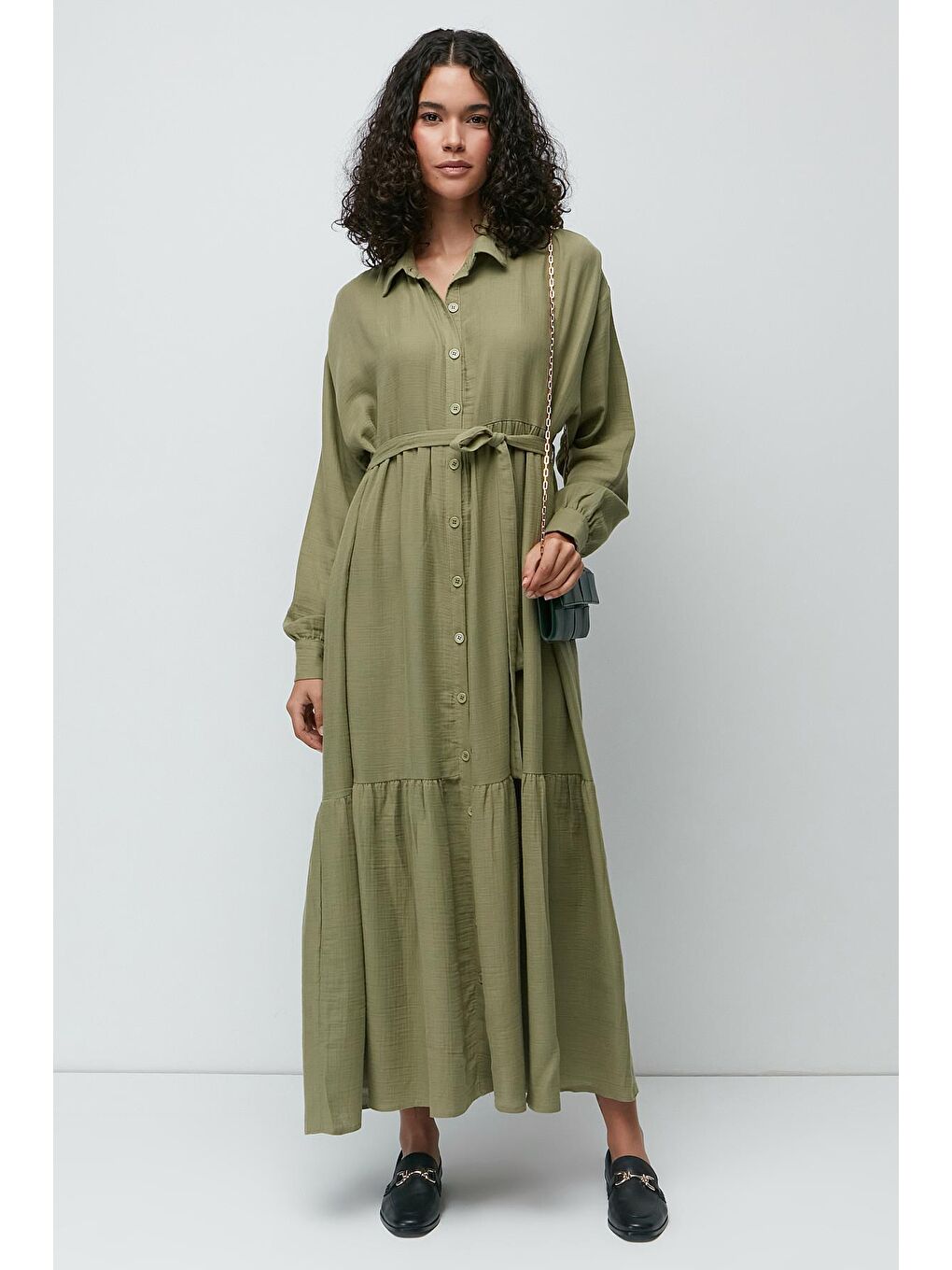 Organik Pamuk Müslin Uzun Kol Elbise 9128 Haki-1