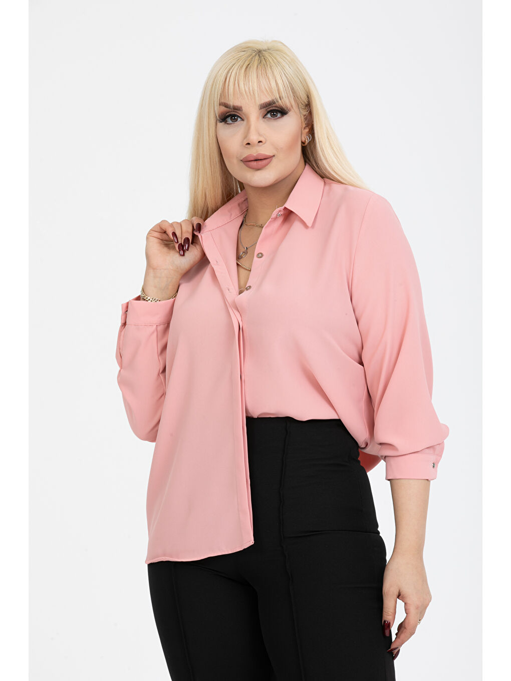 Pera Moda Pembe Jessica Büyük Beden Gömlek - 3