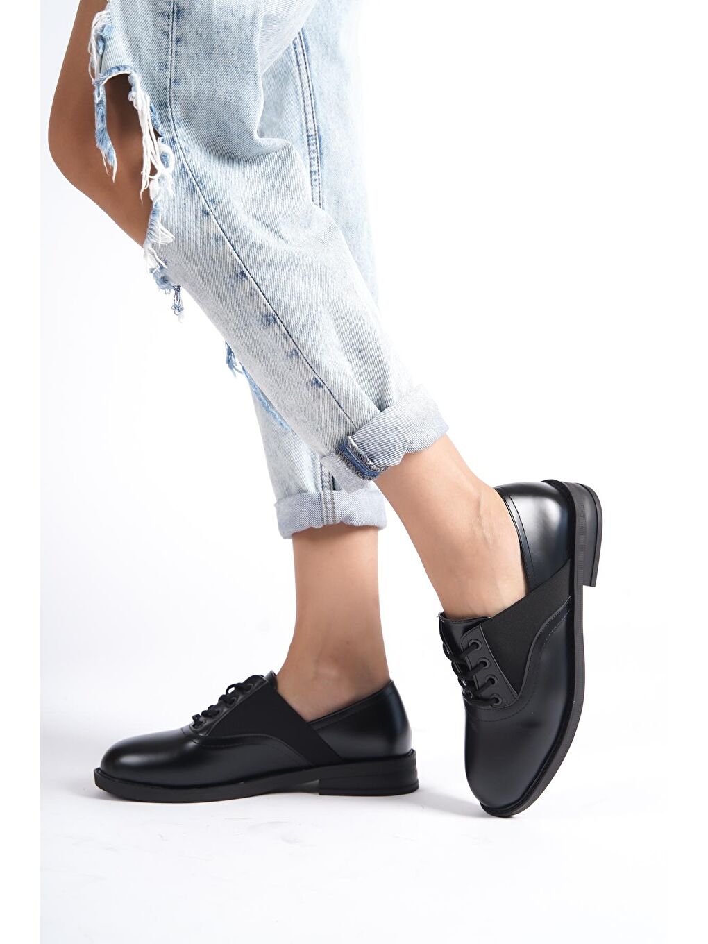 Siyah Küt Burunlu Streç Kadın Oxford-4