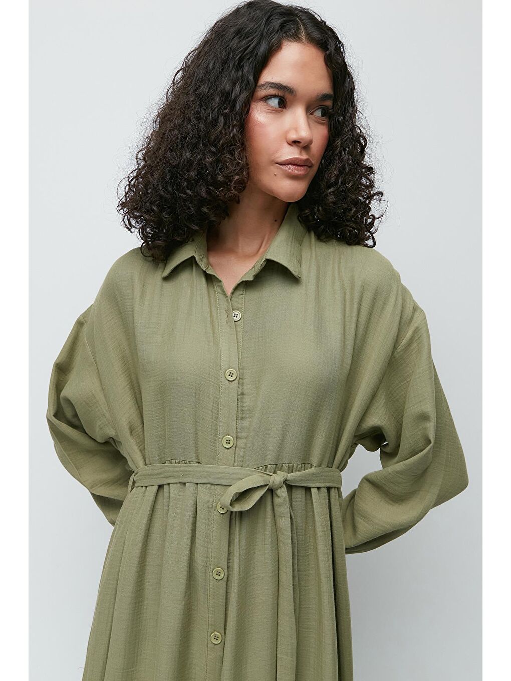 Organik Pamuk Müslin Uzun Kol Elbise 9128 Haki-2