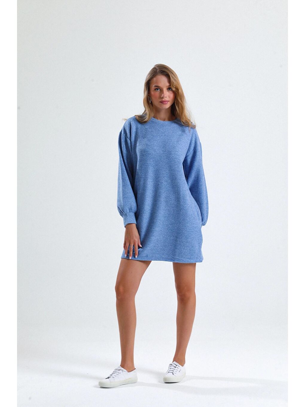 Mavi Mevsimlik Mini Boy Uzun Balon Kol Bisiklet Yaka Triko Elbise 66506120