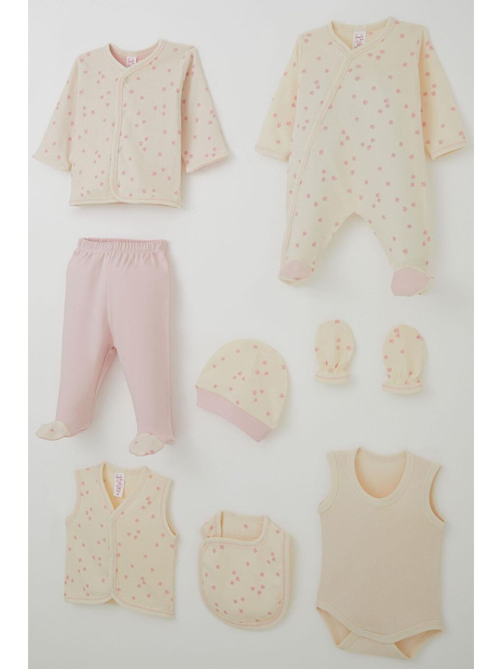 Ekru Kız Bebek Hastane Çıkışı 8 Li Çiçek Desenli Krem (0-3 Ay)-1