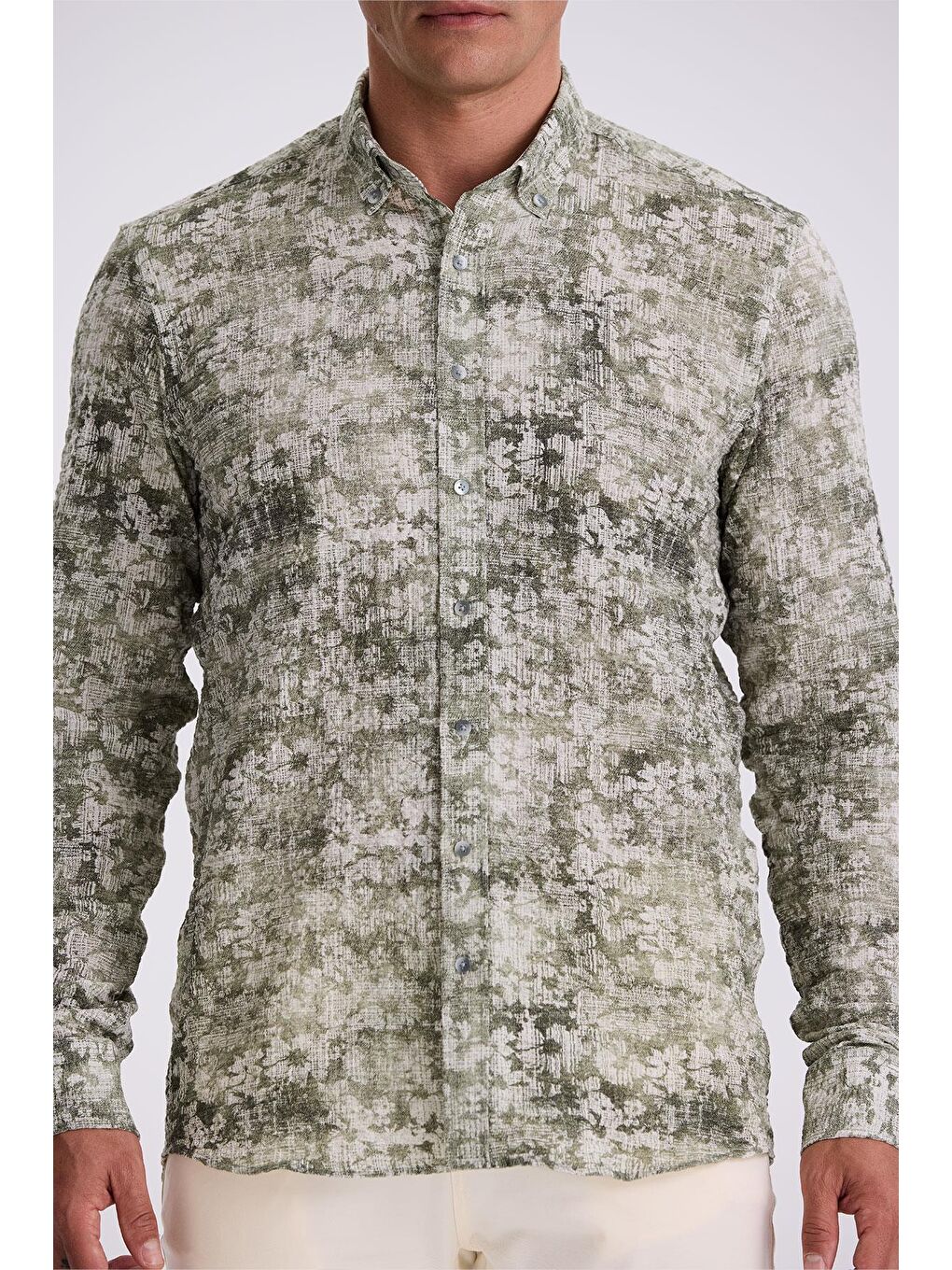 Yeşil Desenli Düğmeli Yaka Comfort Fit Gömlek-2