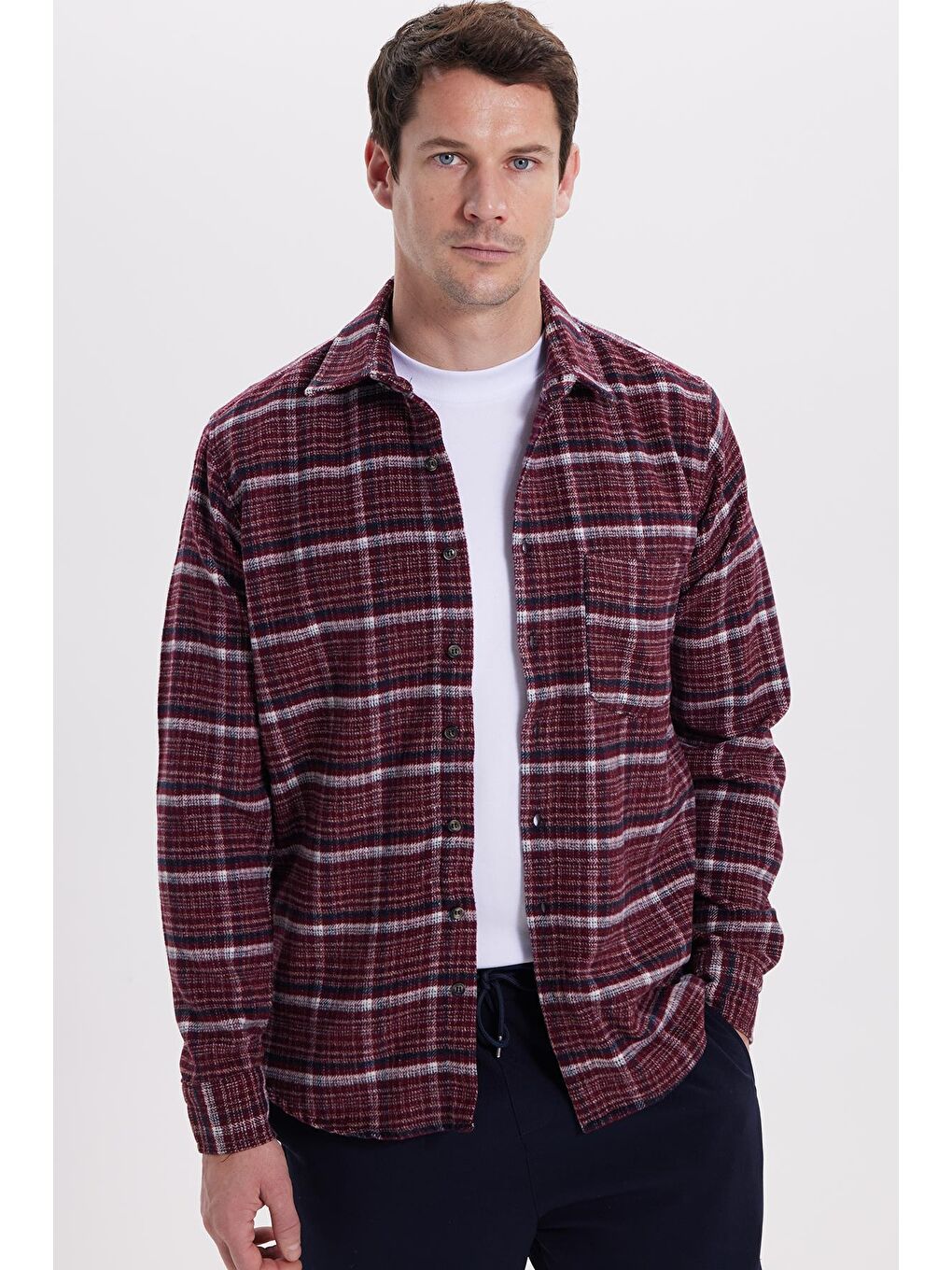 Bordo Erkek Regular Fit Rahat Kesim Kışlık Kareli Oduncu Gömlek