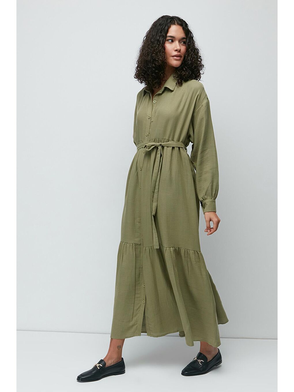 Organik Pamuk Müslin Uzun Kol Elbise 9128 Haki-3