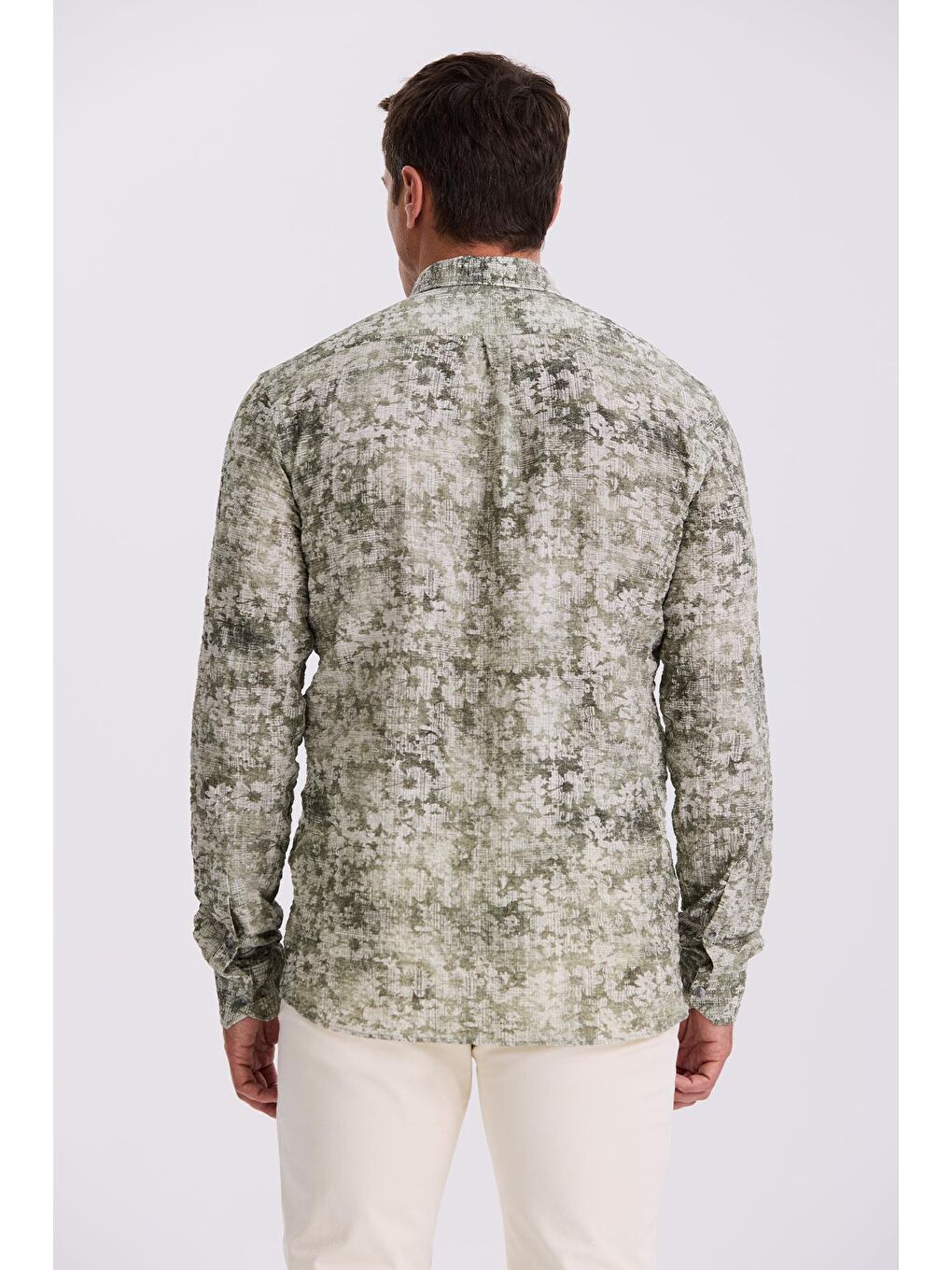 Yeşil Desenli Düğmeli Yaka Comfort Fit Gömlek-3