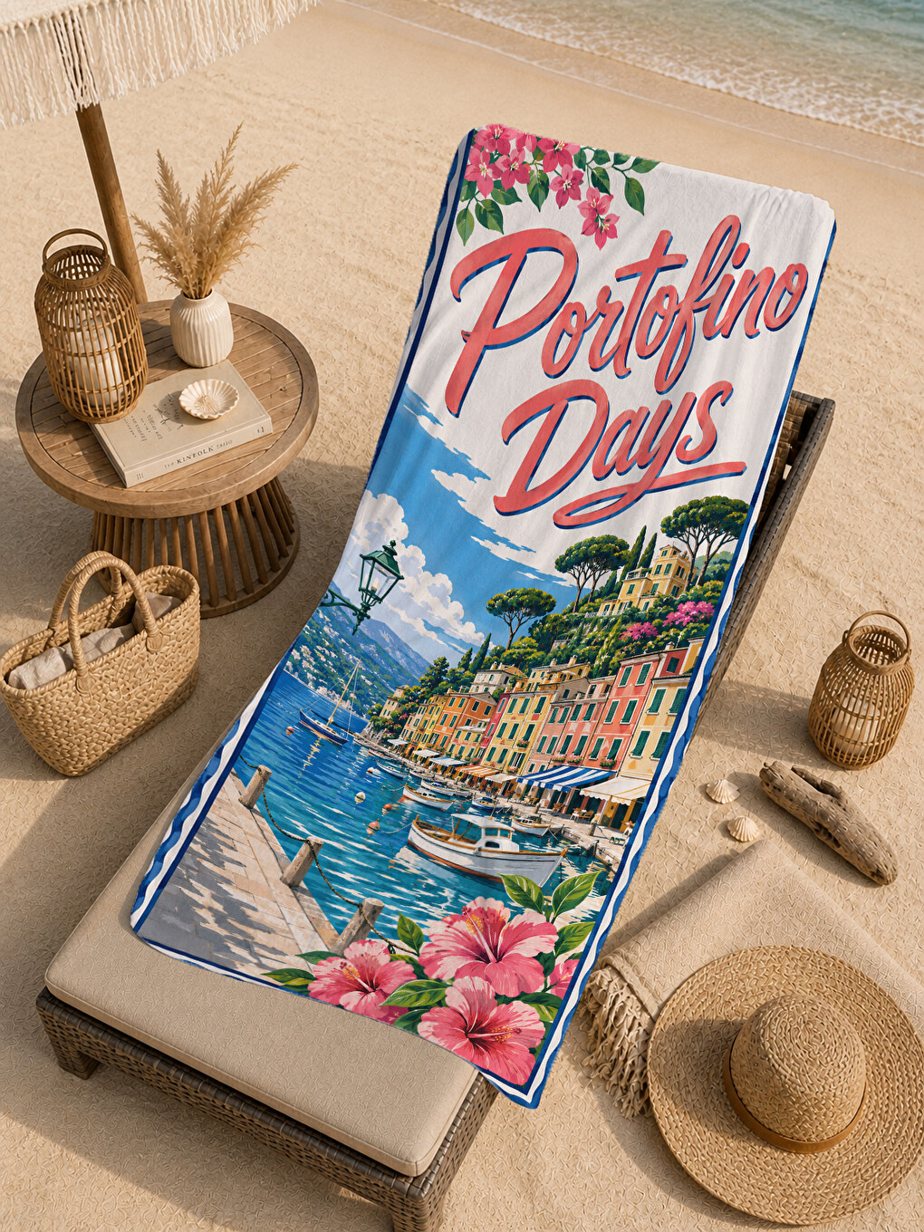 Mavi Vintage Akdeniz Paradise Days Posteri Desenli 70x150 Plaj Havlusu - Dijital Baskılı Banyo Havlusu