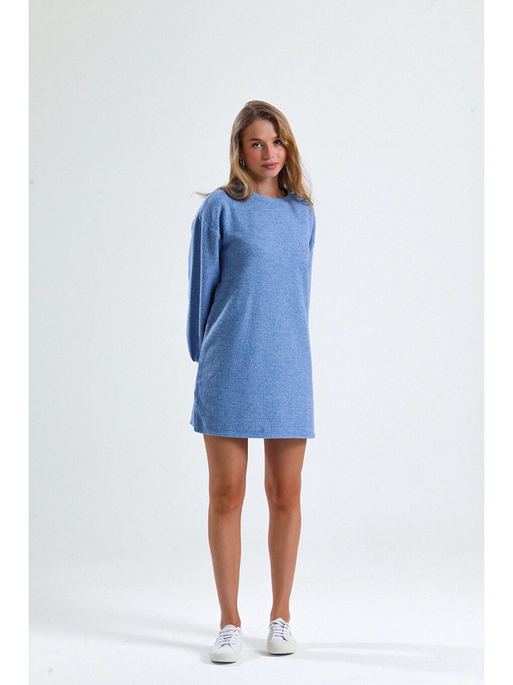 Mavi Mevsimlik Mini Boy Uzun Balon Kol Bisiklet Yaka Triko Elbise 66506120-1