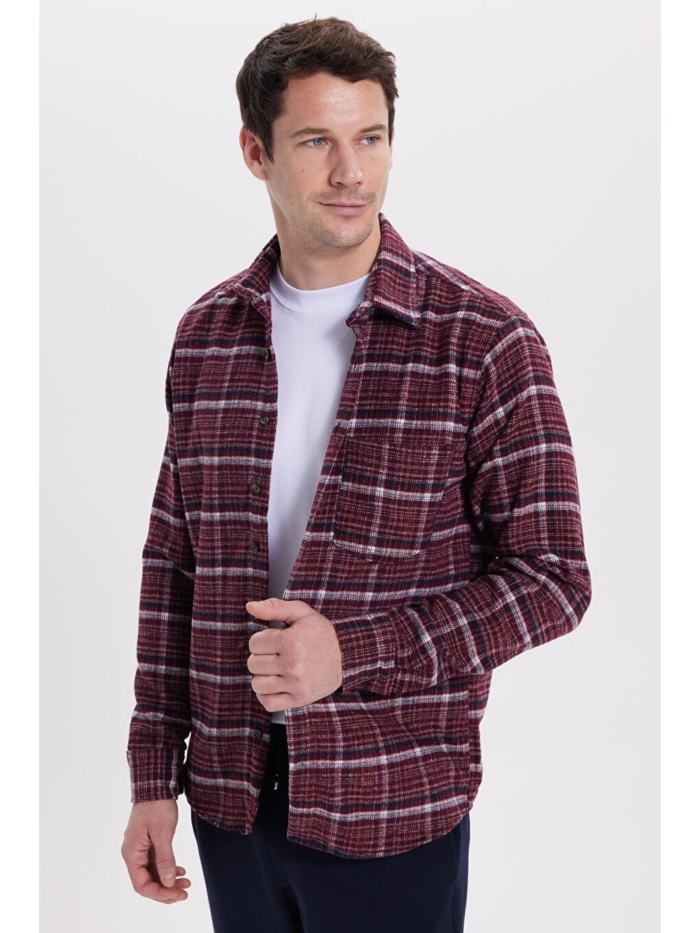 Bordo Erkek Regular Fit Rahat Kesim Kışlık Kareli Oduncu Gömlek-1