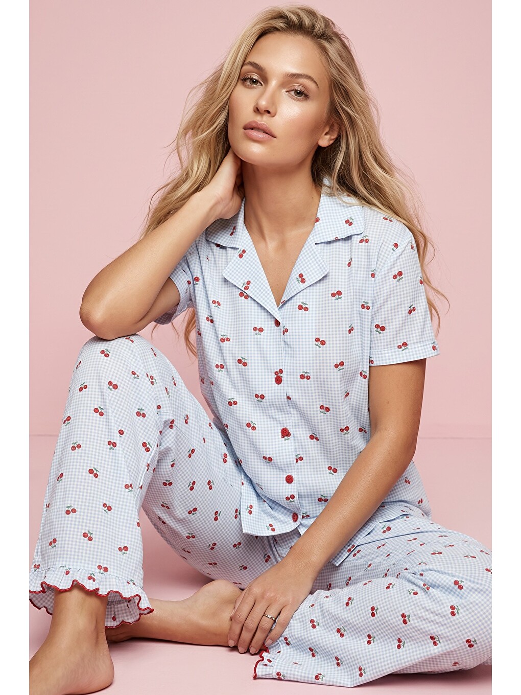 Mavi İnce Soft Örme Mevsimlik Düğmeli Pijama Takımı 8043