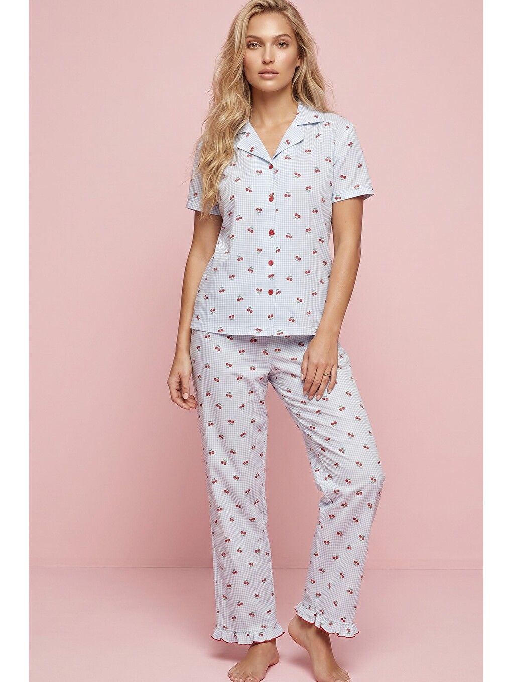 Mavi İnce Soft Örme Mevsimlik Düğmeli Pijama Takımı 8043-1