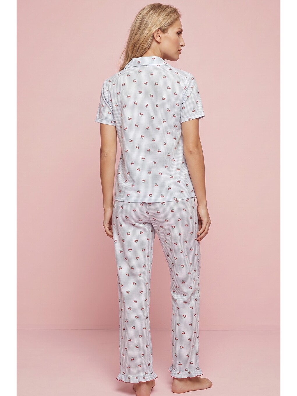 Mavi İnce Soft Örme Mevsimlik Düğmeli Pijama Takımı 8043-2