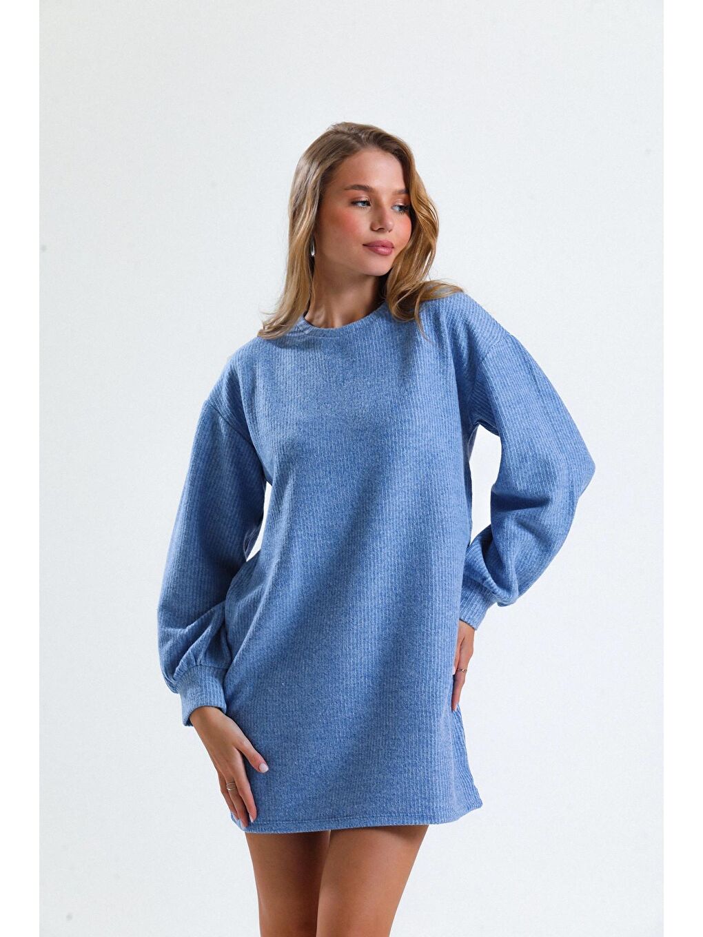 Mavi Mevsimlik Mini Boy Uzun Balon Kol Bisiklet Yaka Triko Elbise 66506120-2