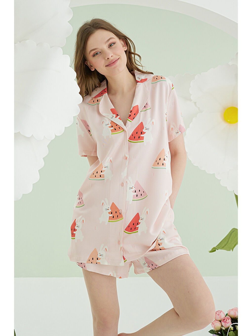 Pembe  Karpuz Önden Düğmeli Şortlu Pijama Takımı-2