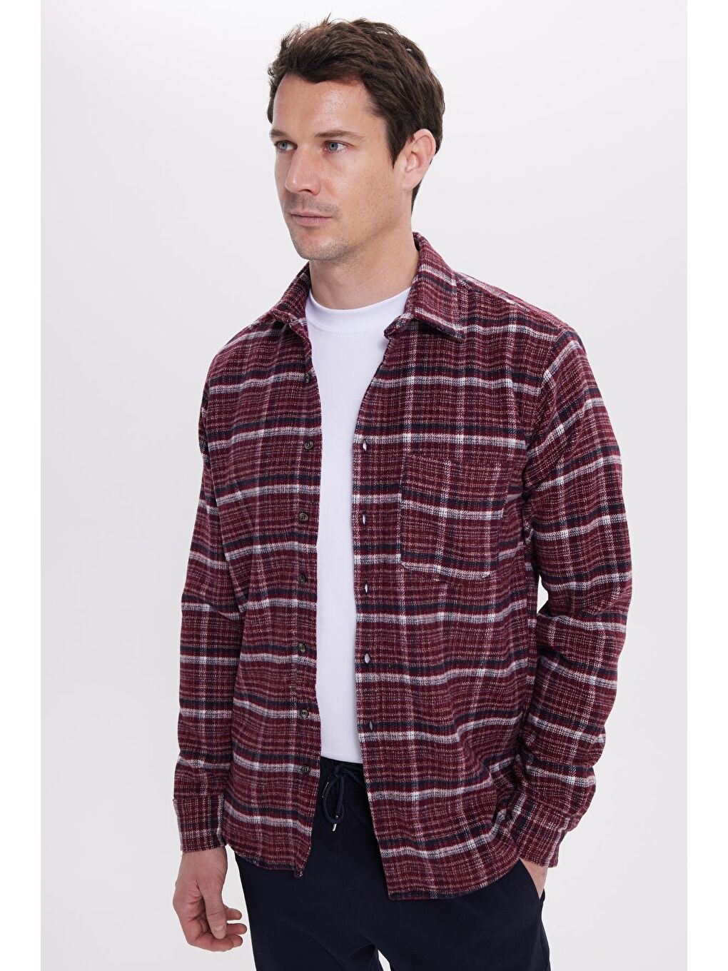 Bordo Erkek Regular Fit Rahat Kesim Kışlık Kareli Oduncu Gömlek-5