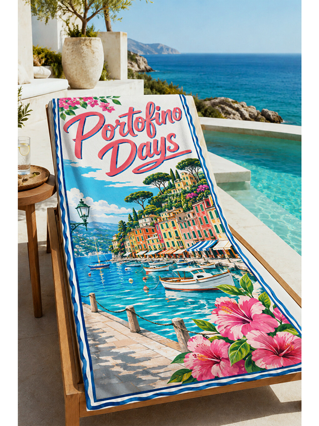 Mavi Vintage Akdeniz Paradise Days Posteri Desenli 70x150 Plaj Havlusu - Dijital Baskılı Banyo Havlusu-1