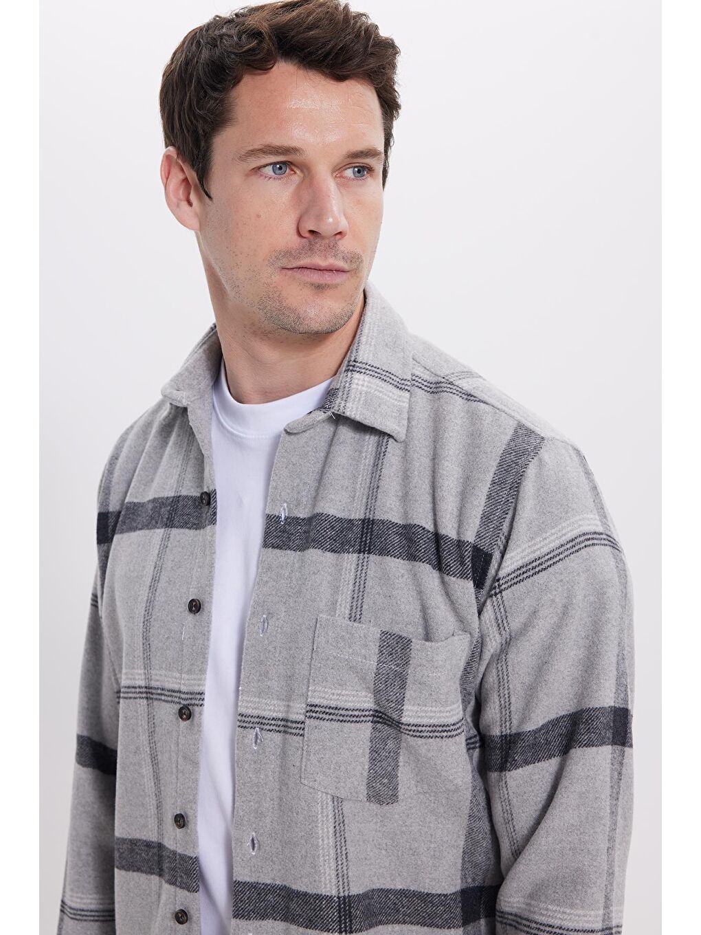 Gri Erkek Regular Fit Rahat Kesim Kışlık Kareli Oduncu Gömlek