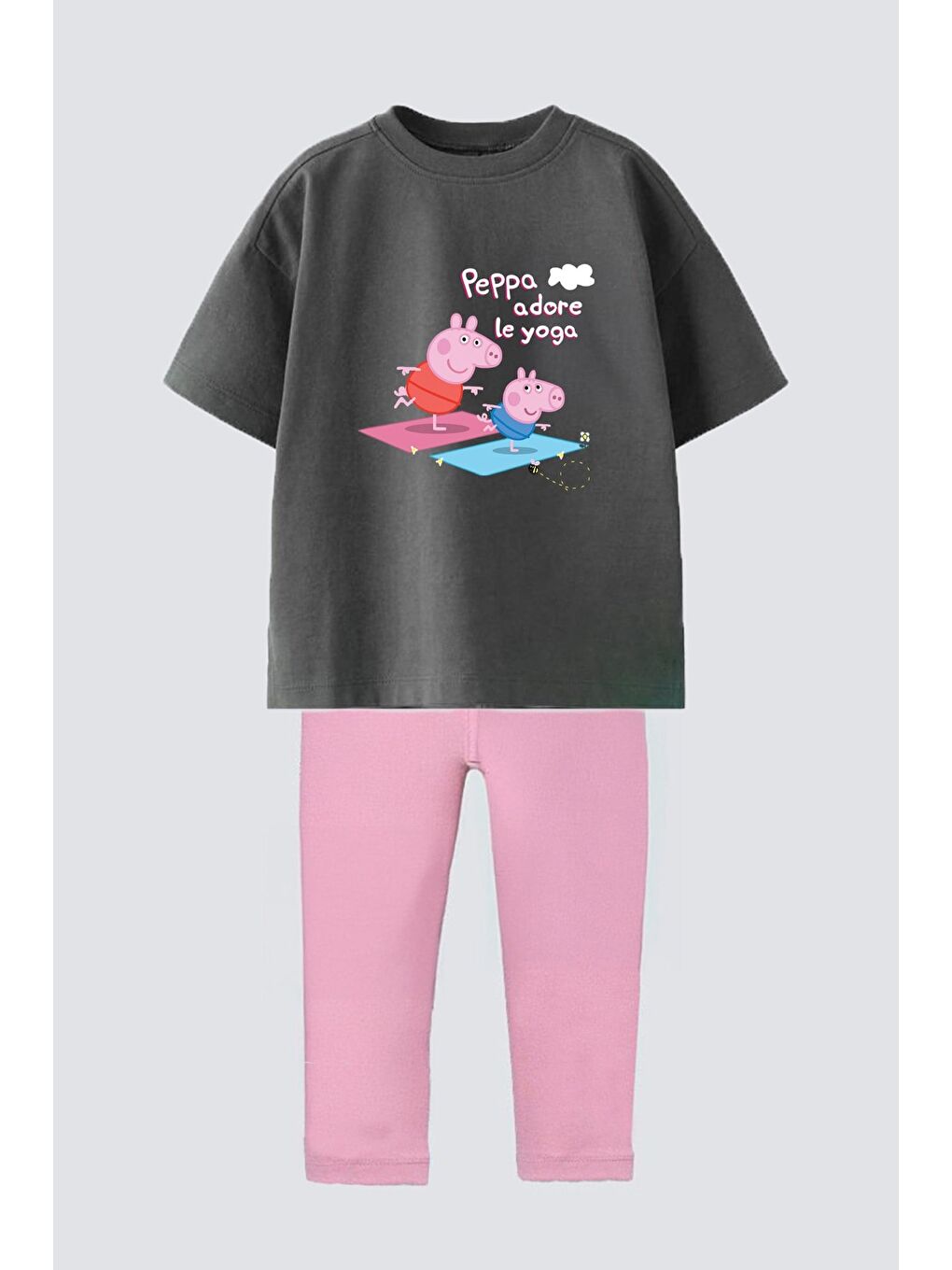 Antrasit Kız Çocuk Baskılı Pamuklu T-Shirt Ve Fitilli Tayt 2'Li Takım