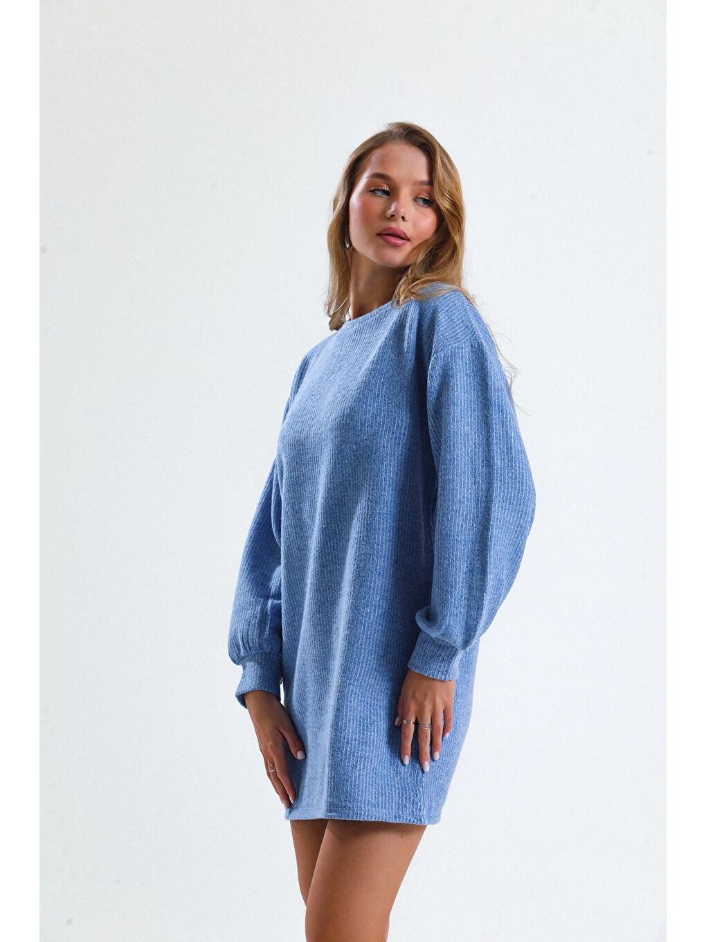 Mavi Mevsimlik Mini Boy Uzun Balon Kol Bisiklet Yaka Triko Elbise 66506120-3