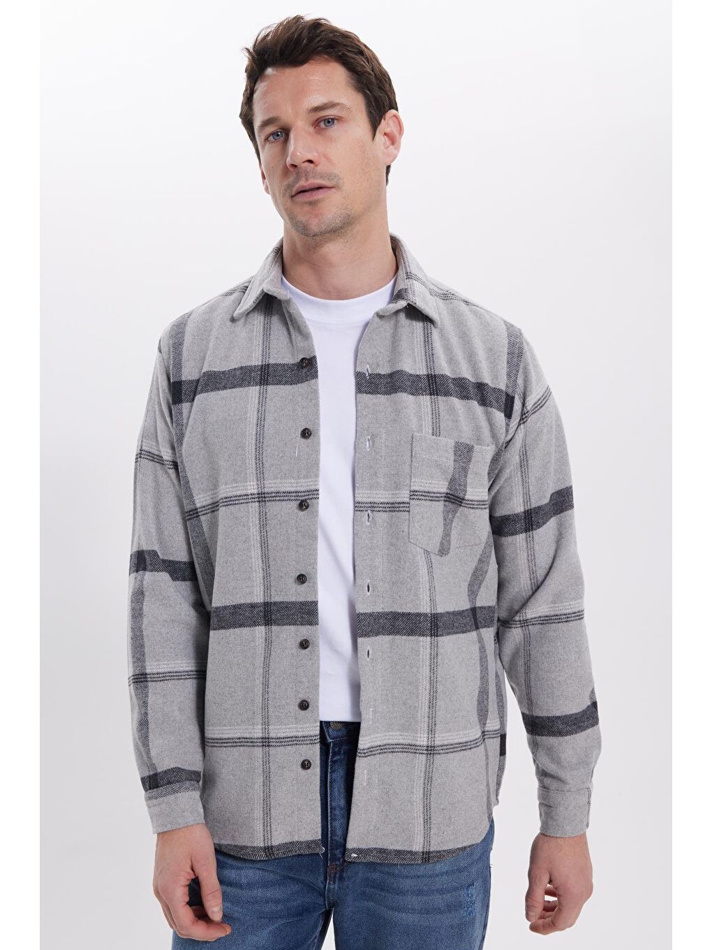 Gri Erkek Regular Fit Rahat Kesim Kışlık Kareli Oduncu Gömlek-1