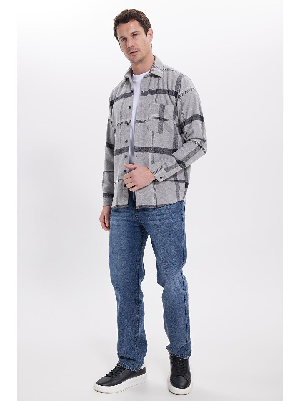 Gri Erkek Regular Fit Rahat Kesim Kışlık Kareli Oduncu Gömlek-2