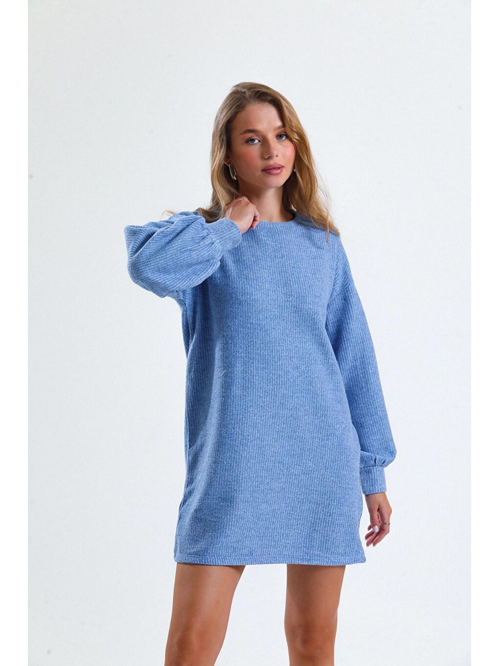 Mavi Mevsimlik Mini Boy Uzun Balon Kol Bisiklet Yaka Triko Elbise 66506120-4